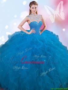 Latest High-neck Sleeveless Lace Up Vestidos de Quinceanera Blue Tulle