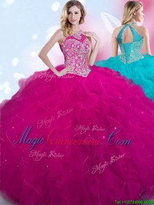 Fuchsia Ball Gowns Tulle Halter Top Sleeveless Beading Floor Length Lace Up 15th Birthday Dress