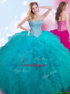 Amazing Teal Tulle Lace Up Sweetheart Sleeveless Floor Length Quinceanera Gowns Beading