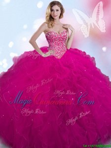 Discount Fuchsia Lace Up Quinceanera Gowns Beading Sleeveless Floor Length