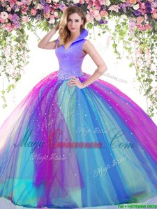 Noble Sleeveless Satin and Tulle Floor Length Backless Quince Ball Gowns in Lavender and Multi-color with Beading