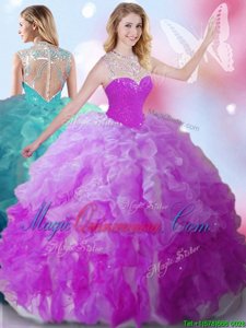 Custom Design Fuchsia Sleeveless Tulle Zipper 15 Quinceanera Dress for Military Ball and Sweet 16 and Quinceanera