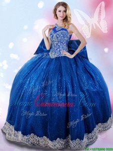 Modest Halter Top Royal Blue Sleeveless Beading and Bowknot Floor Length 15 Quinceanera Dress