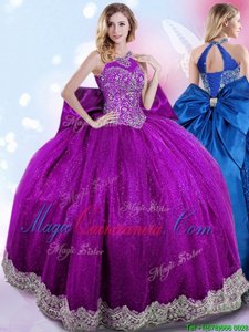 Cheap Halter Top Eggplant Purple Ball Gowns Beading and Bowknot Sweet 16 Quinceanera Dress Lace Up Taffeta Sleeveless Floor Length