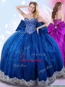 Royal Blue Ball Gowns Beading and Lace and Bowknot Quince Ball Gowns Lace Up Taffeta Sleeveless Floor Length