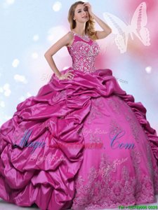 Fuchsia Ball Gowns Halter Top Sleeveless Taffeta Floor Length Lace Up Beading and Lace and Appliques and Pick Ups Vestidos de Quinceanera