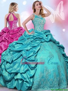 Designer Halter Top Aqua Blue Taffeta Lace Up Quinceanera Gowns Sleeveless Floor Length Beading and Lace and Appliques and Pick Ups