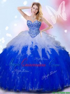 Classical White and Royal Blue Lace Up Sweet 16 Quinceanera Dress Beading and Ruffles Sleeveless Floor Length