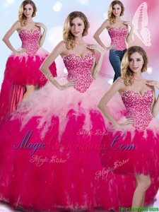 Sumptuous Four Piece Tulle Sweetheart Sleeveless Lace Up Beading and Ruffles Quinceanera Dress in Multi-color