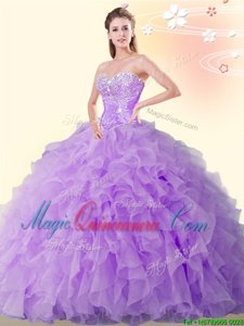 Sleeveless Organza Floor Length Lace Up Sweet 16 Dresses in Eggplant Purple for with Beading and Ruffles