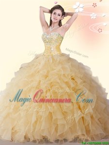 Floor Length Lace Up Quince Ball Gowns Gold and In for Military Ball and Sweet 16 and Quinceanera with Beading and Ruffles