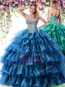 Cheap Organza Sweetheart Sleeveless Lace Up Beading and Ruffled Layers 15 Quinceanera Dress in Teal