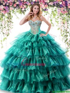 Luxury Green Sleeveless Floor Length Beading and Ruffled Layers Lace Up Quinceanera Dresses