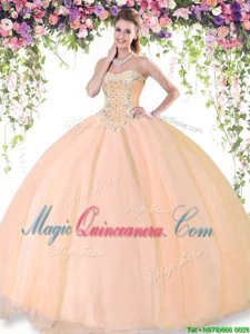 Floor Length Peach Quinceanera Dress Tulle Sleeveless Beading