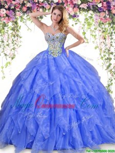 Floor Length Blue Sweet 16 Dresses Organza Sleeveless Beading and Ruffles