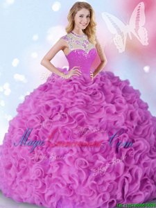 Captivating Organza High-neck Sleeveless Zipper Beading and Ruffles Sweet 16 Quinceanera Dress in Fuchsia