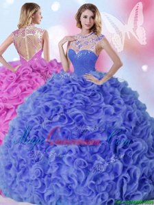 Floor Length Blue Sweet 16 Dress Organza Sleeveless Beading and Ruffles