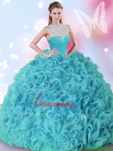 Aqua Blue Ball Gowns High-neck Sleeveless Organza Floor Length Zipper Beading and Ruffles 15th Birthday Dress