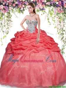 Sleeveless Floor Length Beading and Pick Ups Lace Up Ball Gown Prom Dress with Red