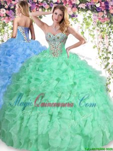 Vintage Apple Green Ball Gowns Organza Sweetheart Sleeveless Beading and Ruffles Floor Length Lace Up 15 Quinceanera Dress