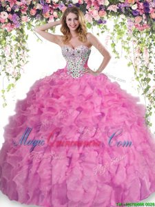 Sleeveless Organza Floor Length Lace Up Sweet 16 Dresses in Baby Pink for with Beading and Ruffles