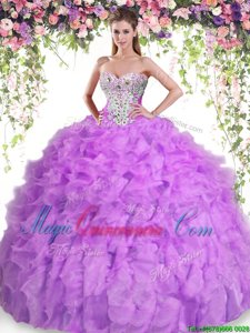 Amazing Lilac Ball Gowns Beading and Ruffles Sweet 16 Dress Lace Up Organza Sleeveless Floor Length