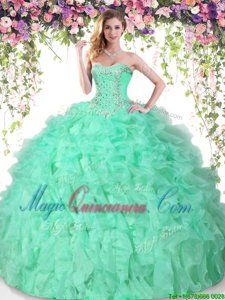 Apple Green Sleeveless Organza Lace Up Ball Gown Prom Dress for Military Ball and Sweet 16 and Quinceanera