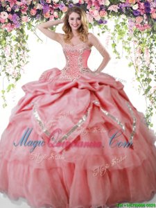 Luxurious Pick Ups Ball Gowns Quinceanera Dresses Watermelon Red Sweetheart Organza and Taffeta Sleeveless Floor Length Lace Up