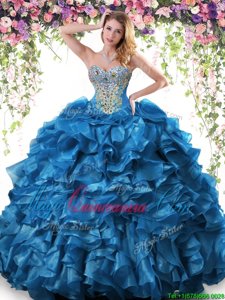 Captivating Blue Sleeveless Floor Length Beading and Ruffles Lace Up Quinceanera Dresses