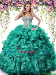 Exceptional Turquoise Sleeveless Organza Lace Up 15 Quinceanera Dress for Military Ball and Sweet 16 and Quinceanera