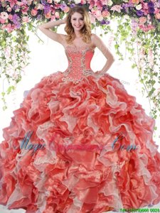 Stunning White And Red Ball Gowns Beading and Ruffles Quinceanera Gowns Lace Up Organza Sleeveless Floor Length