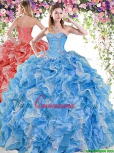Low Price Blue And White Ball Gowns Organza Sweetheart Sleeveless Beading and Ruffles Floor Length Lace Up Vestidos de Quinceanera