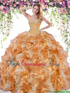 White and Orange Sleeveless Beading and Ruffles Floor Length Sweet 16 Dress