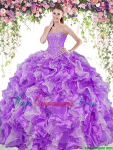 Sexy Floor Length White And Purple Quinceanera Dress Organza Sleeveless Beading and Ruffles