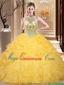 Simple Halter Top Pick Ups Floor Length Ball Gowns Sleeveless Yellow 15th Birthday Dress Lace Up