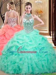 Sexy Halter Top Sleeveless Organza Floor Length Lace Up Quince Ball Gowns in Apple Green for with Beading and Ruffles and Pick Ups