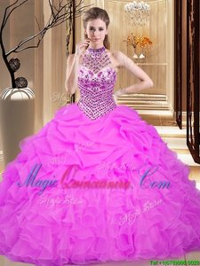 Cute Lilac Halter Top Neckline Beading and Ruffles and Pick Ups 15th Birthday Dress Sleeveless Lace Up