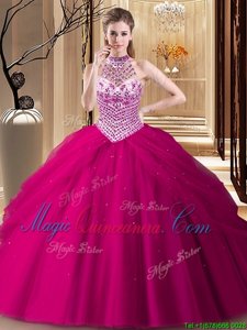 Glittering Fuchsia Halter Top Lace Up Beading and Pick Ups Quince Ball Gowns Brush Train Sleeveless