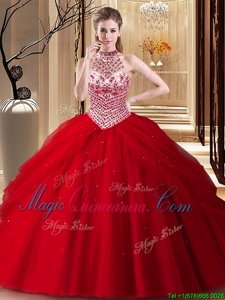 New Arrival Red Tulle Lace Up Halter Top Sleeveless With Train Vestidos de Quinceanera Brush Train Beading and Pick Ups