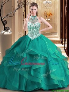 Halter Top Beading and Ruffles Vestidos de Quinceanera Dark Green Lace Up Sleeveless With Brush Train
