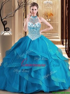 Halter Top Sleeveless Brush Train Lace Up Quinceanera Gowns Blue Tulle