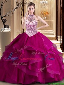 Shining With Train Fuchsia Quinceanera Dresses Halter Top Sleeveless Brush Train Lace Up