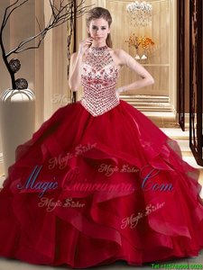 Halter Top Sleeveless Brush Train Lace Up With Train Beading and Ruffles Ball Gown Prom Dress