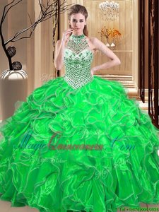 Fantastic Halter Top Sleeveless Lace Up Floor Length Beading and Ruffles Quinceanera Gowns
