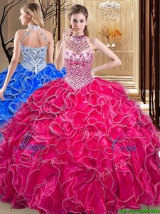 Halter Top Sleeveless 15th Birthday Dress Floor Length Beading and Ruffles Hot Pink Organza