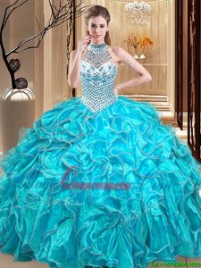 Colorful Ball Gowns Quinceanera Gowns Aqua Blue Halter Top Organza Sleeveless Floor Length Lace Up