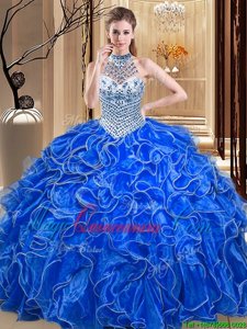 Vintage Floor Length Royal Blue Vestidos de Quinceanera Halter Top Sleeveless Lace Up