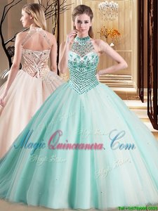 Halter Top Sleeveless Tulle With Brush Train Lace Up 15 Quinceanera Dress in Apple Green for with Beading