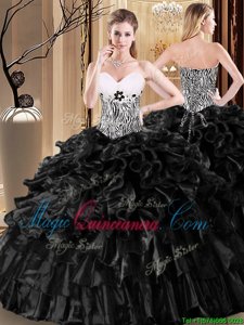 New Style Black Ball Gowns Organza Sweetheart Sleeveless Ruffles and Pattern Floor Length Lace Up Quinceanera Dress