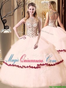 Fantastic Scoop Pink Ball Gowns Beading and Appliques Quinceanera Dress Lace Up Tulle Sleeveless Floor Length